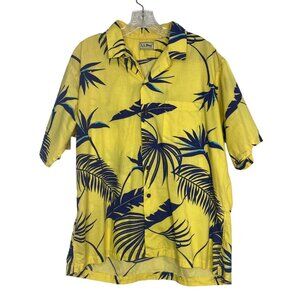 LL Bean Vintage 80's Hawaiian Shirt Mens XL Yellow Blue Palms Tropical